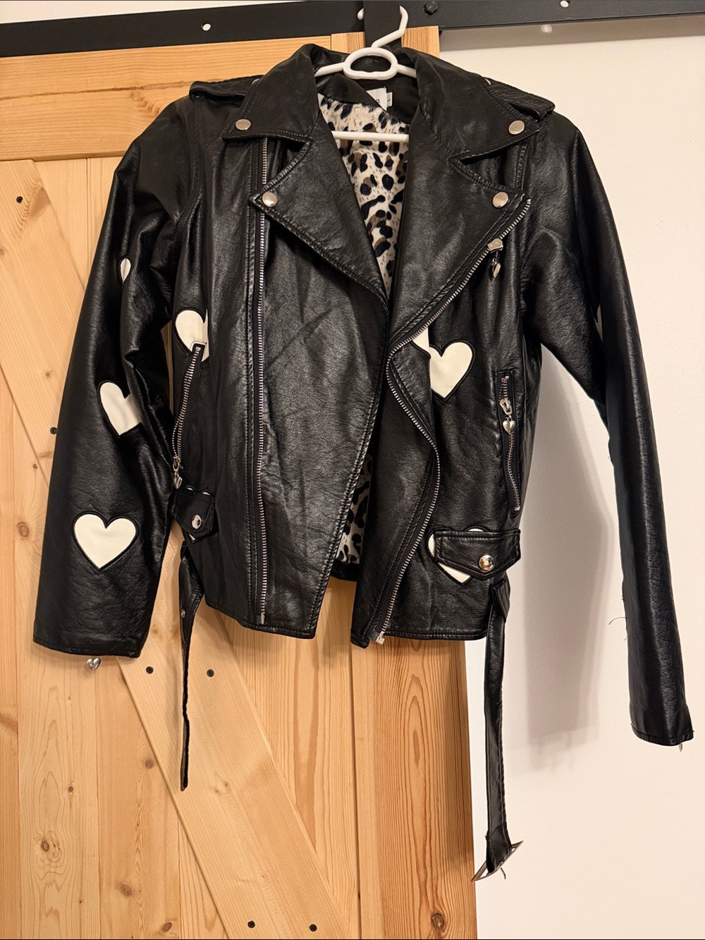 Lola + The Boys Black Faux Leather Moto Jacket with White Heart Appliqués